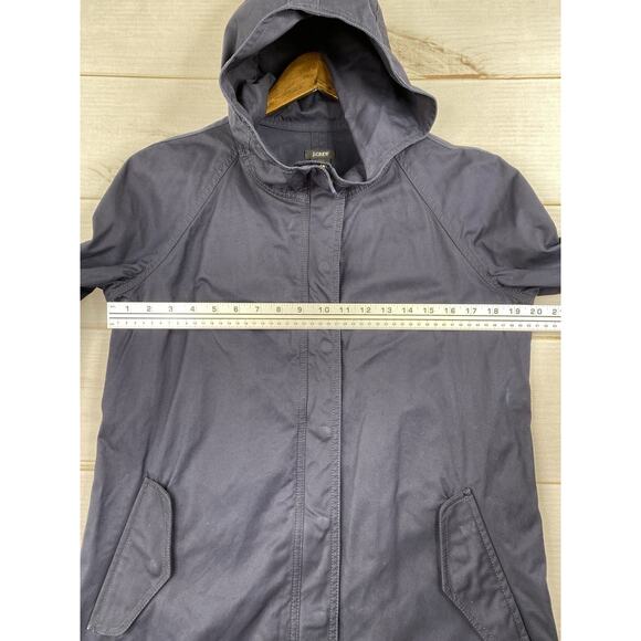 J Crew Trench Coat Womens Size 10 Navy Blue Hooded Snap/Zip Mid Length Cotton - Picture 7 of 13